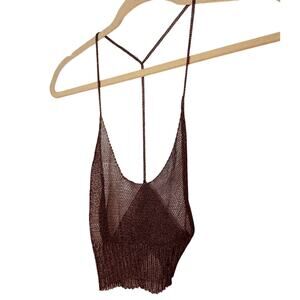 RARE Natalia Fedner Sheer Bronze Stretch Chain Metal Scoop Neck T-Back Crop Med